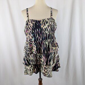 Cacique Tankini Swim Top Leopard Print Black White Pink Ruffle Tiered Bra Sz 22